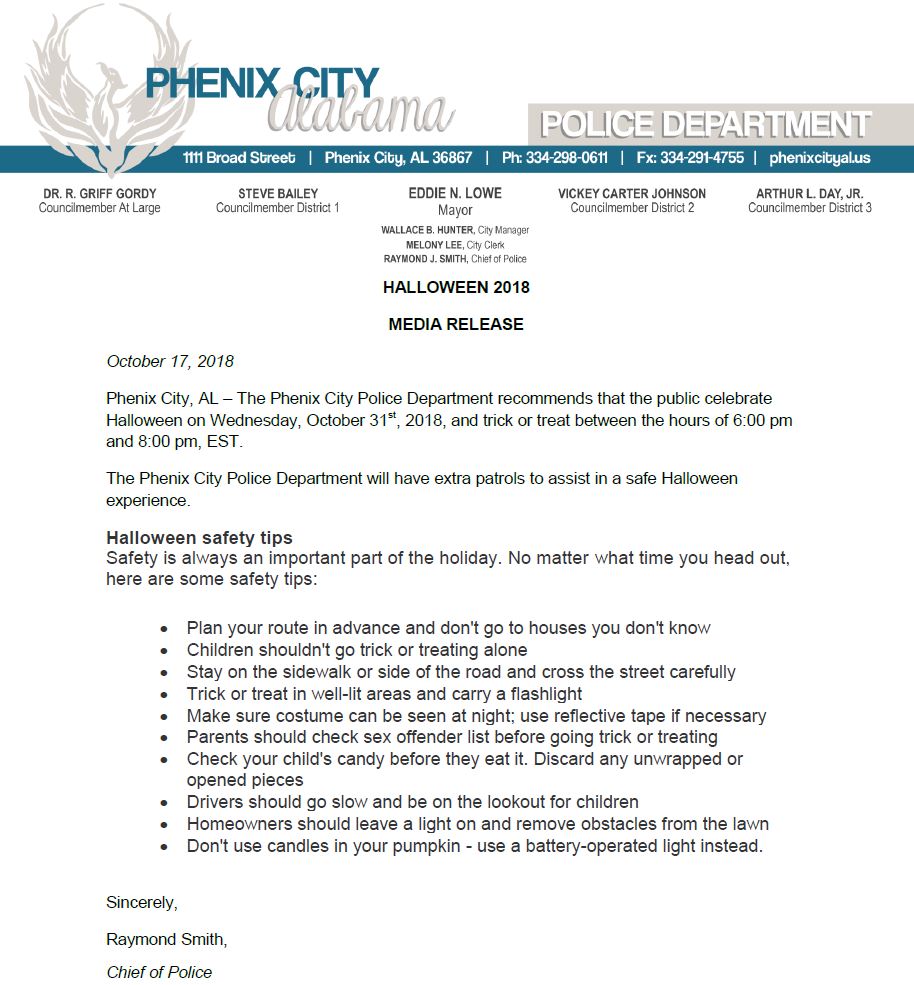 Media Release 2018 Halloween Schedule and Safety Tips Phenix City, Alabama